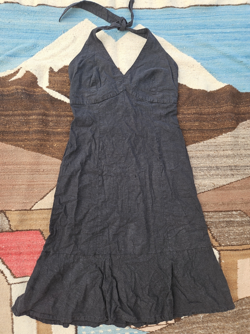Linen Blend Halter Midi Dress Black Fit & Flare Ruffle Hem Summer Boho Size 10
